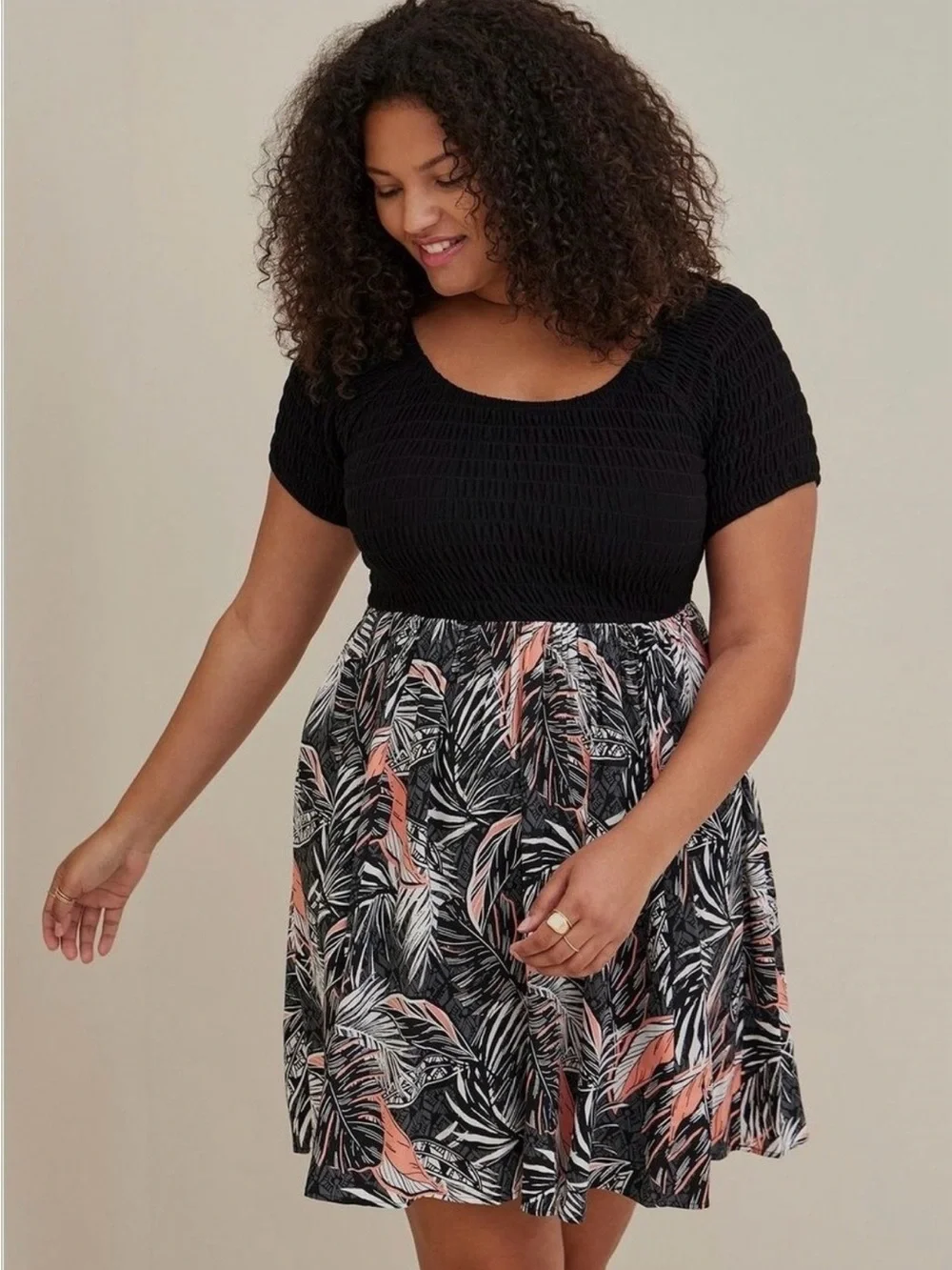 A Little Loved- Torrid Mini Smocked Dress Palm Black Coral- Size 0